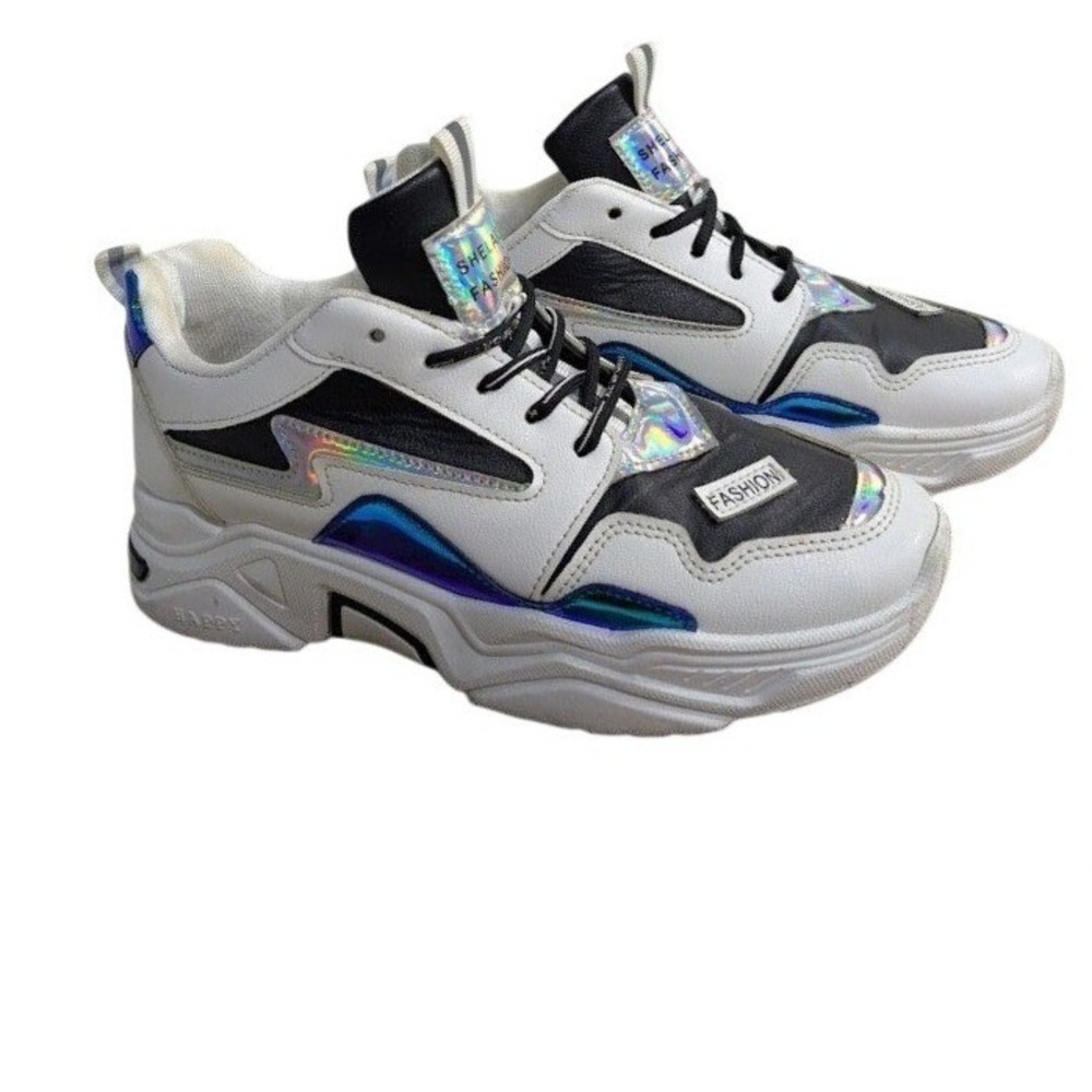 Chunky White Platform  4 Sneakers‎ Holographic Blue Silver Detail Streetwear